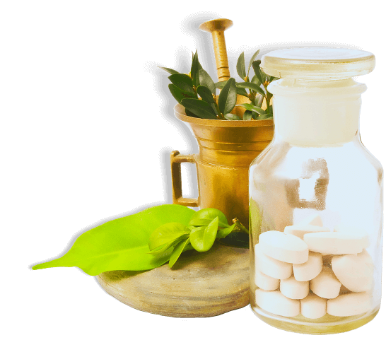 mortar with herbs, and pharmacy bottle